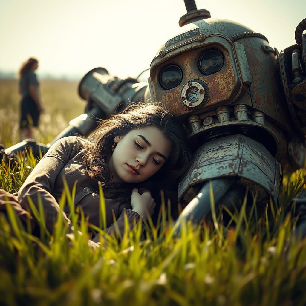 Steampunk Woman Finds Gentle Connection with Rusty Robot