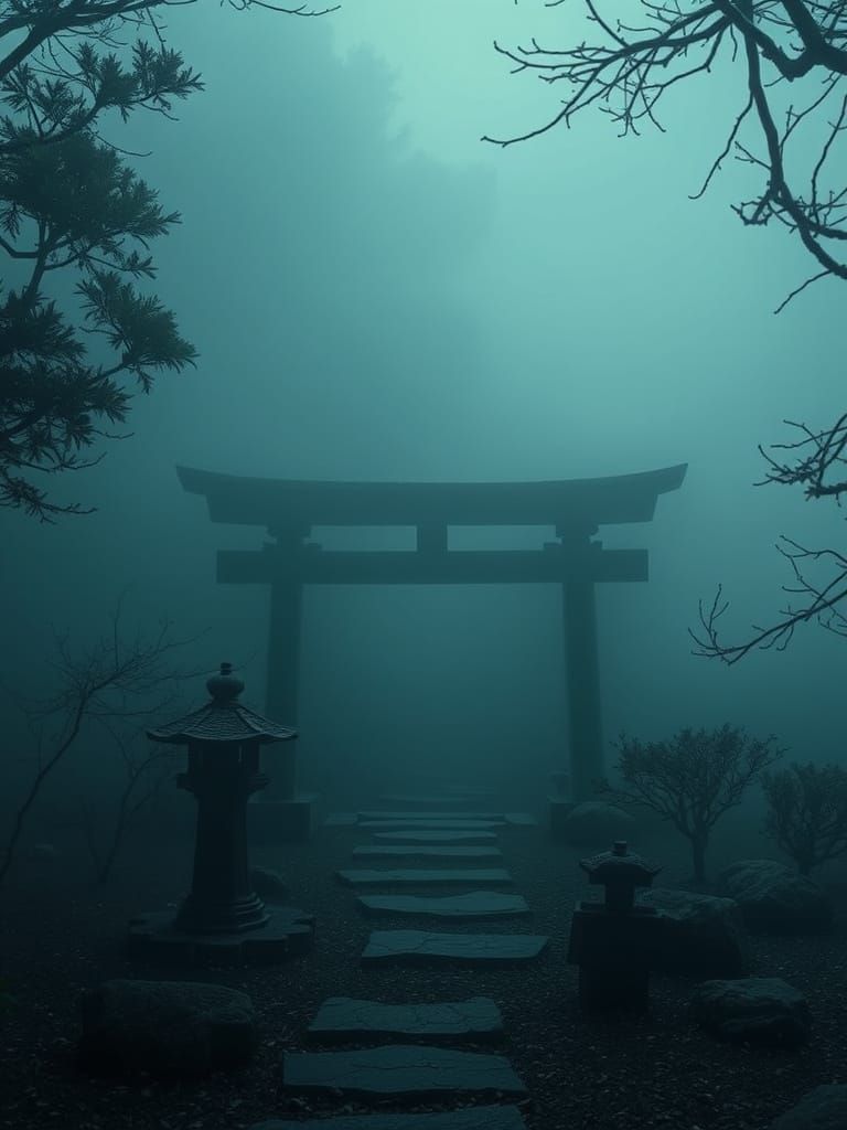 Misty Japanese Zen Garden Spirit in Dark Fog