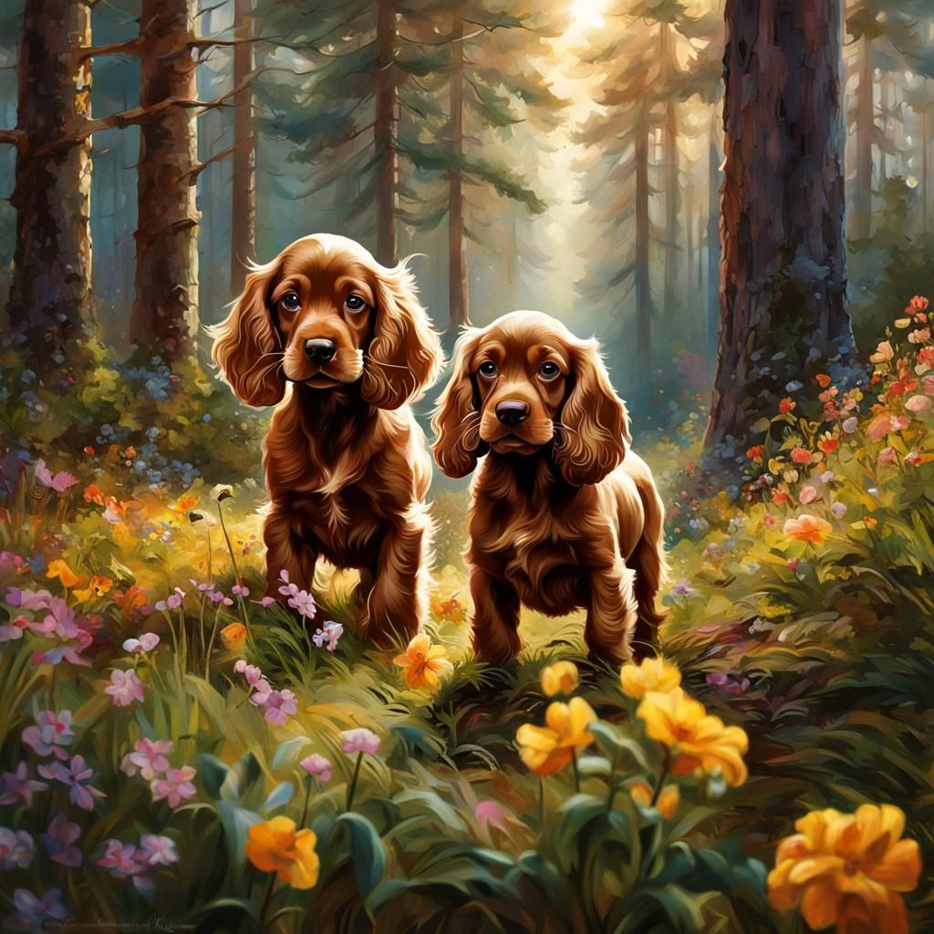 Playful Cocker Spaniels in Detailed Forest Painting