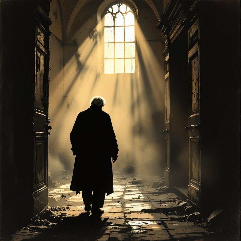 Old Man Enters Decrepit Building at Dusk