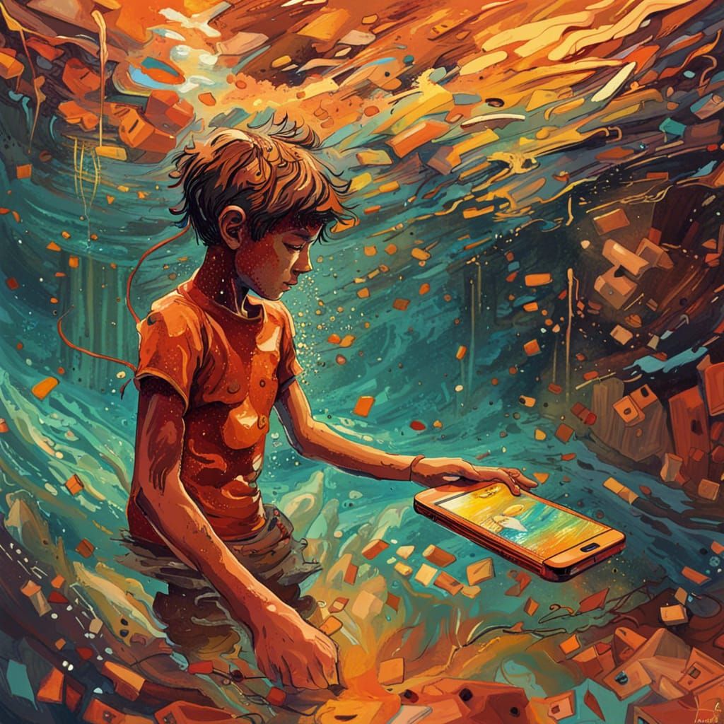 Boy Swimming on Phone Screen in Expressionist Style