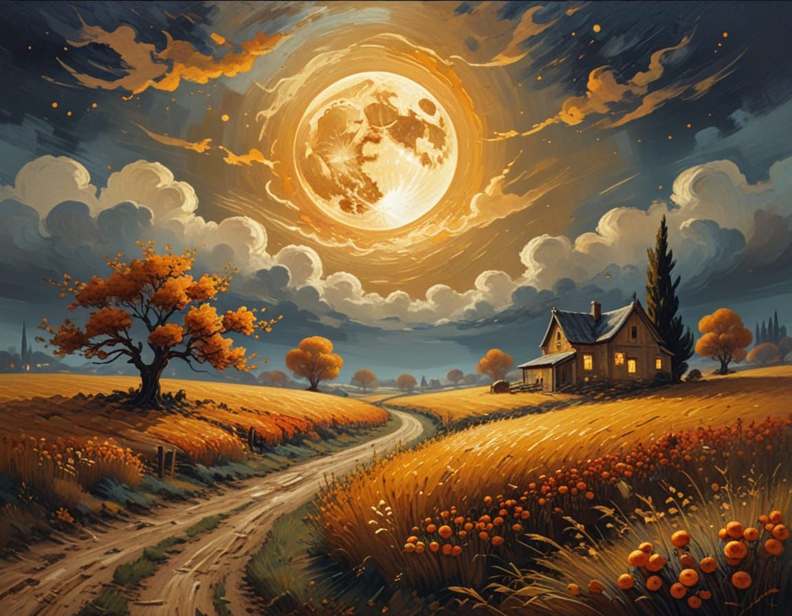 Golden Harvest Moon in Vibrant Oil Painting Style