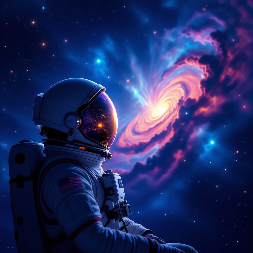 Astronaut Gazes at Vibrant Nebula in Cosmic Art Style