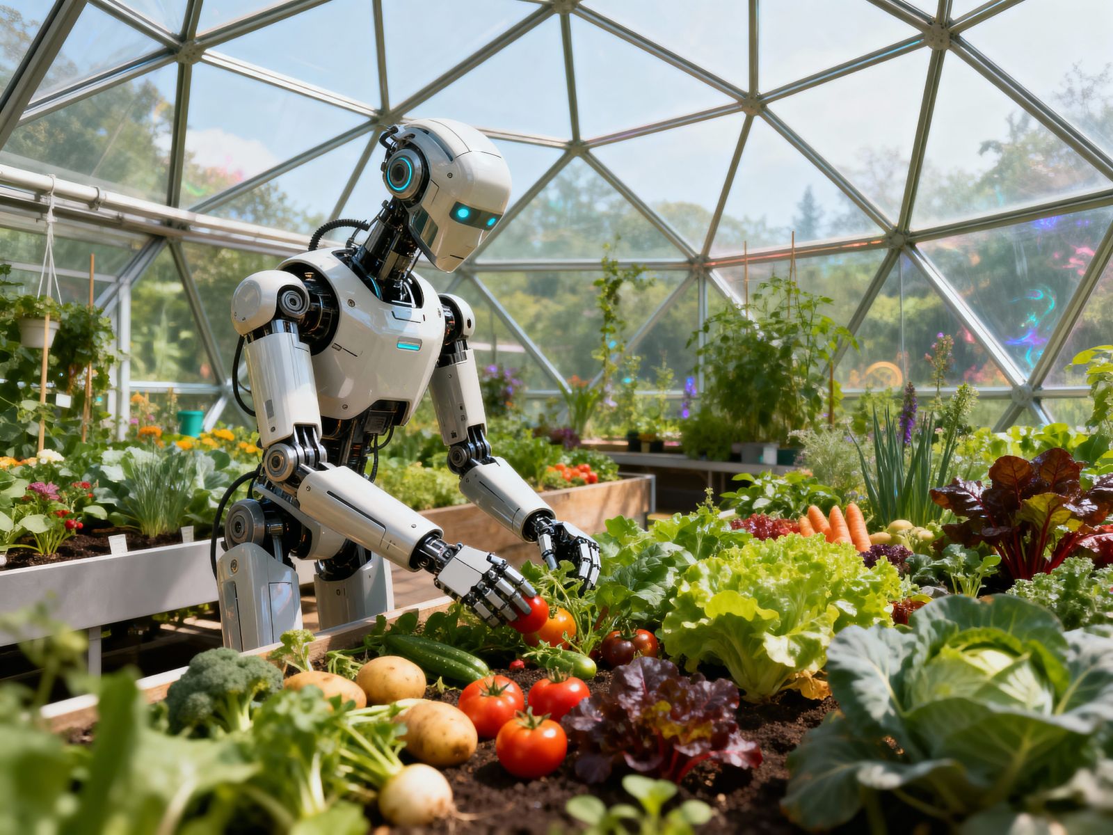Futuristic Robot Gardener in Surreal Geodome