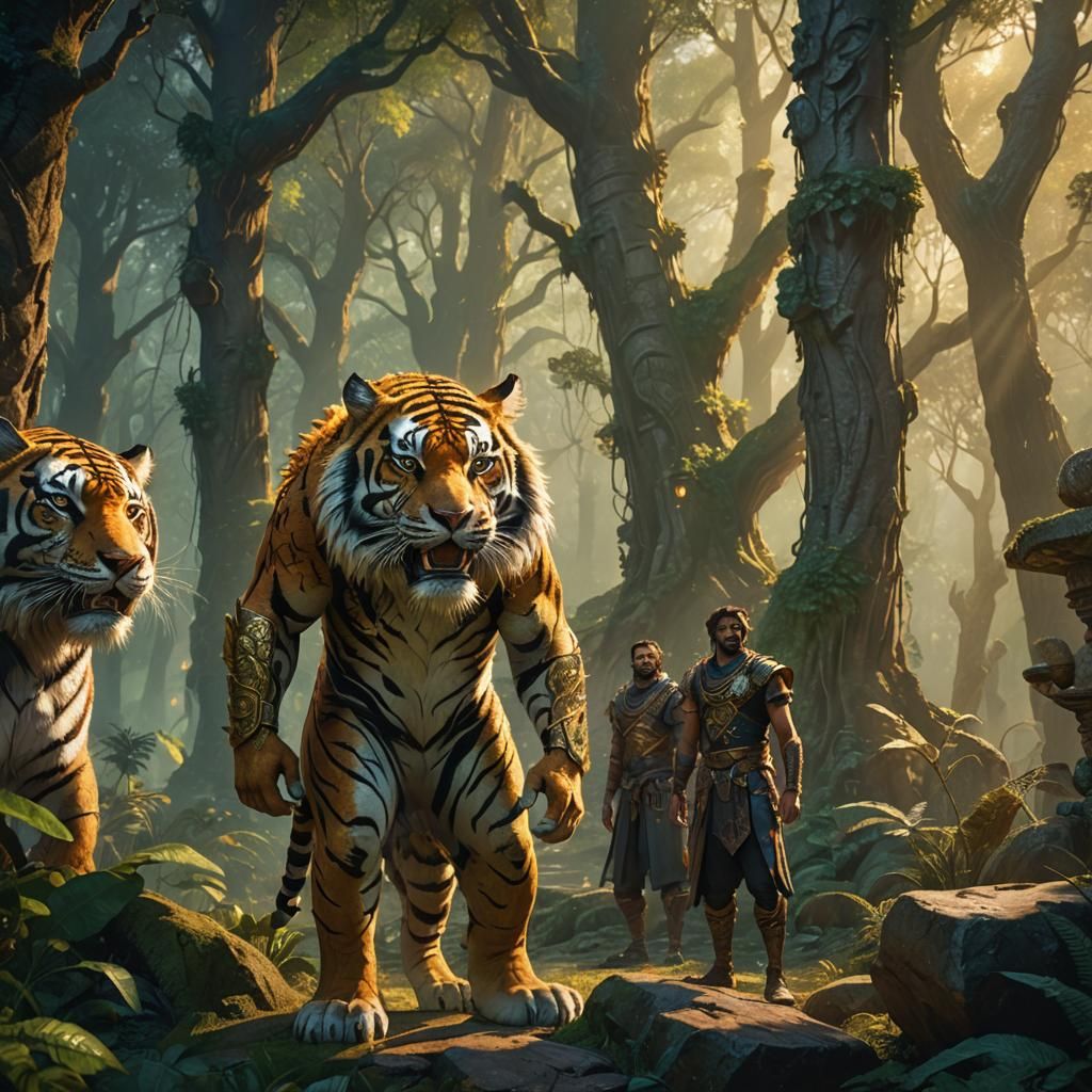 Mystical Tiger Warriors in Fantasy Forest