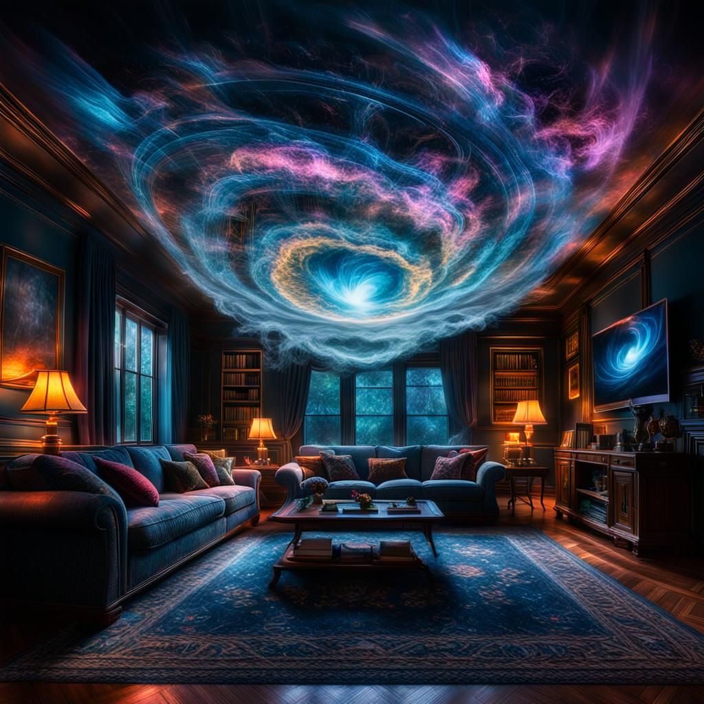 Cosmic Living Room: Glitch Art in Ethereal Mist