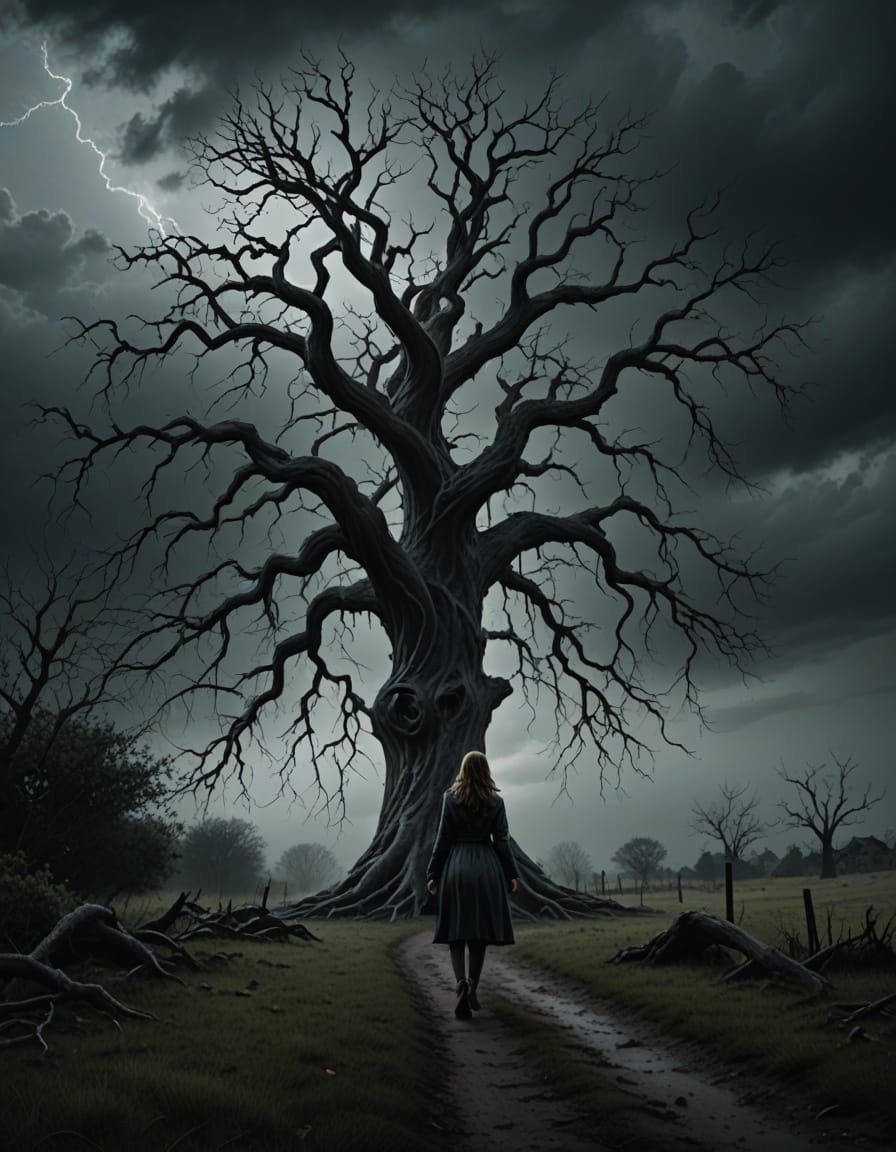 woman walking towards a spooky tree used for hangings. Make ...
