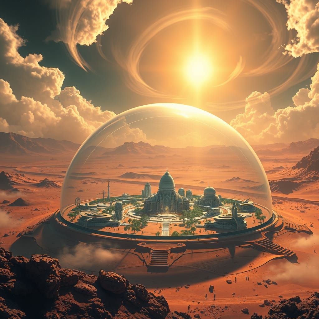 Mars Dome Oasis: Futuristic City Under Heavenly Light
