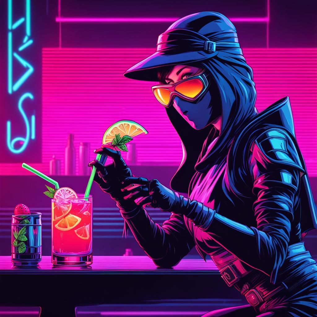 Ninja Kunoichi Cocktail in Synthwave Neon Retro Style