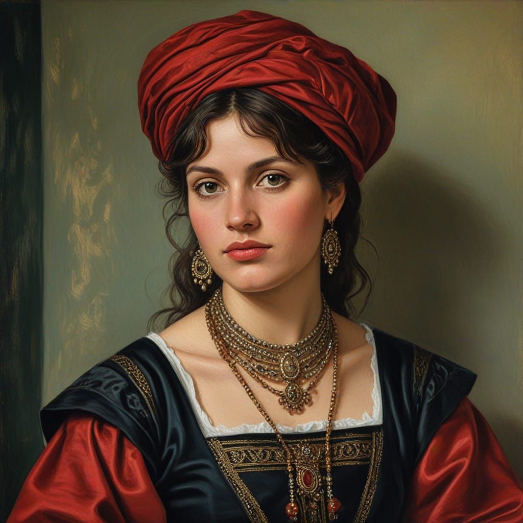 Portrait of a Sinti Woman in Rubens Oil Painting Style
