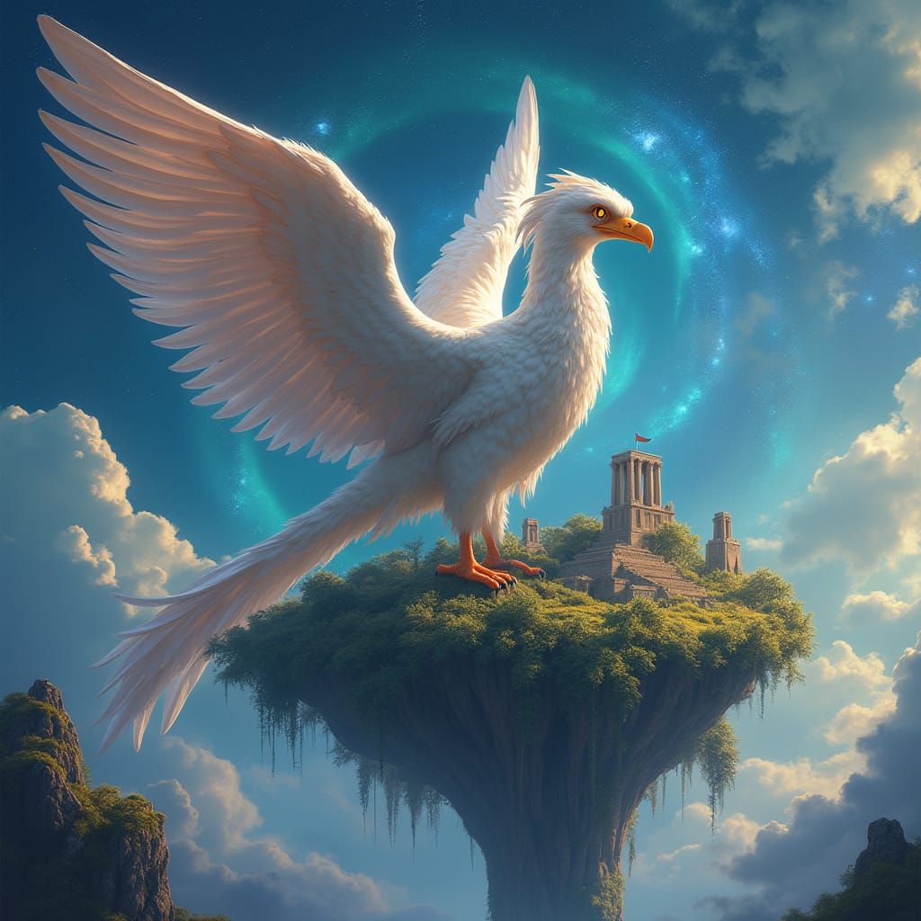 Griffin Perched on Floating Island in Nebula