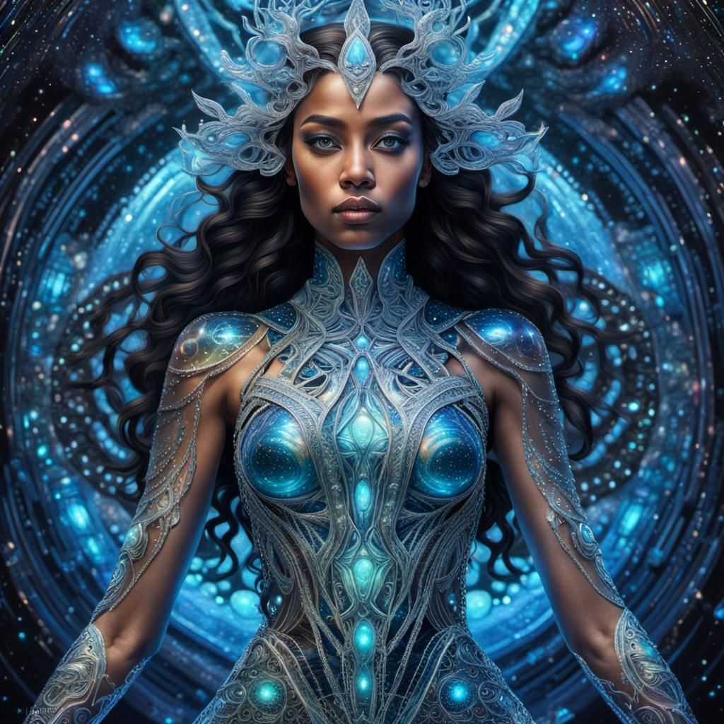 Stunning beautiful woman covered in glistening liquid resin cosmic bioluminescent dress, hyperdetailed translucent filig...