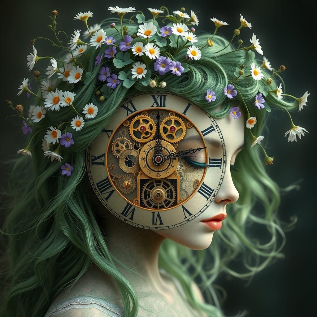 Enigmatic Clockwork Goddess Amidst Verdant Locks