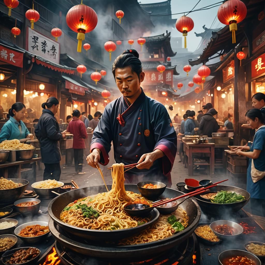 Chinese New Year Noodles: A Vibrant Oil Painting