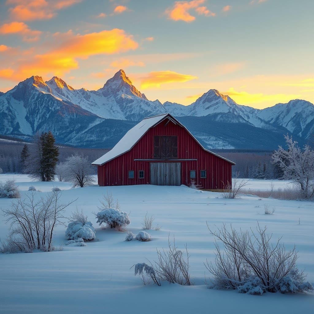 Majestic Old Red Barn Amidst Winter Teton Landscape in Sunse...