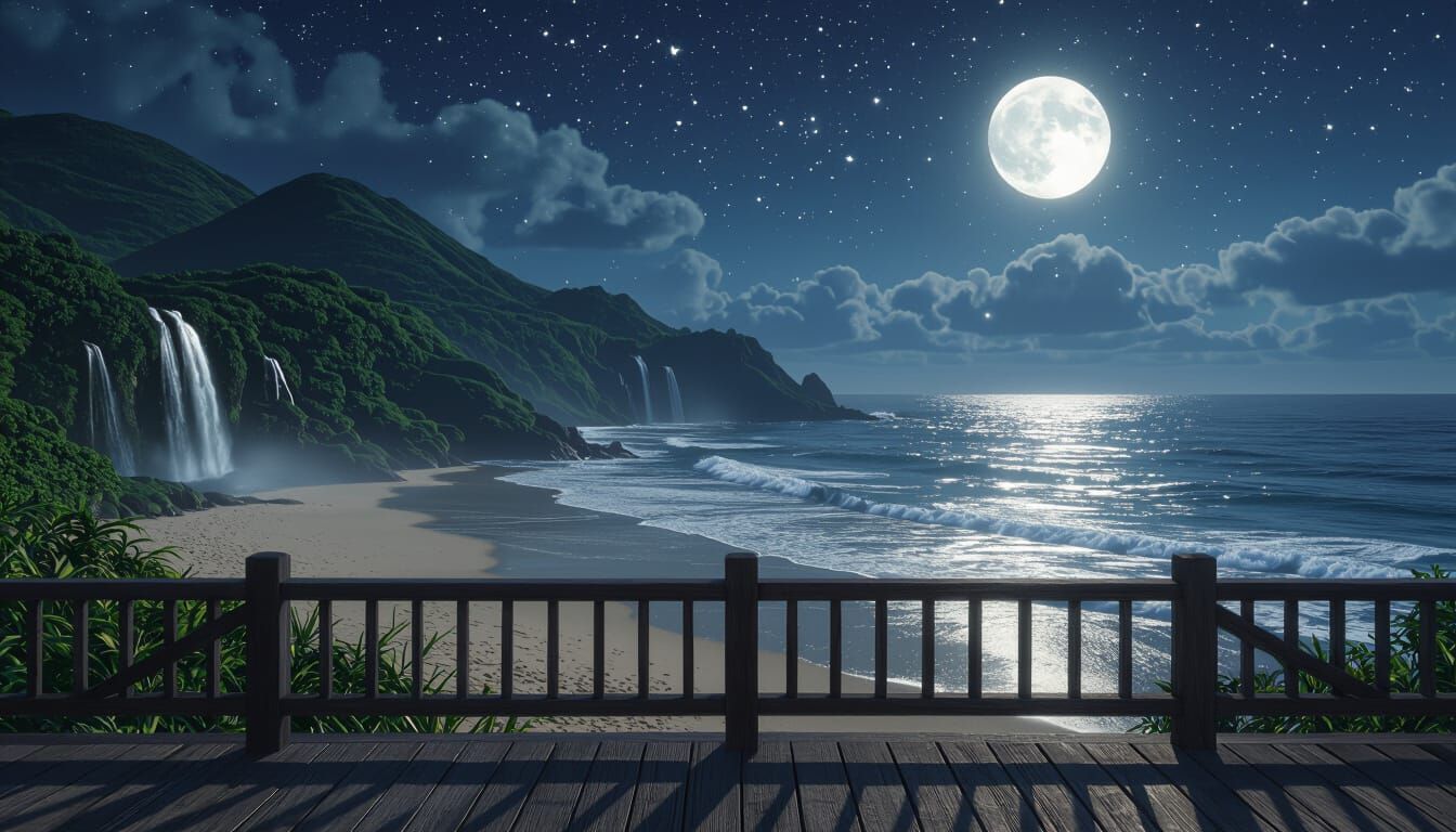 Moonlit Starry Beach with Balcony View in 4K