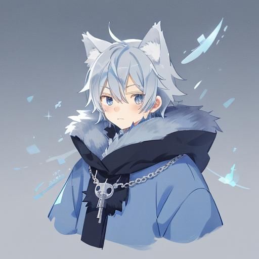 Anime Wolf-Boy with Silver-Blue Hair and Fur Sweater