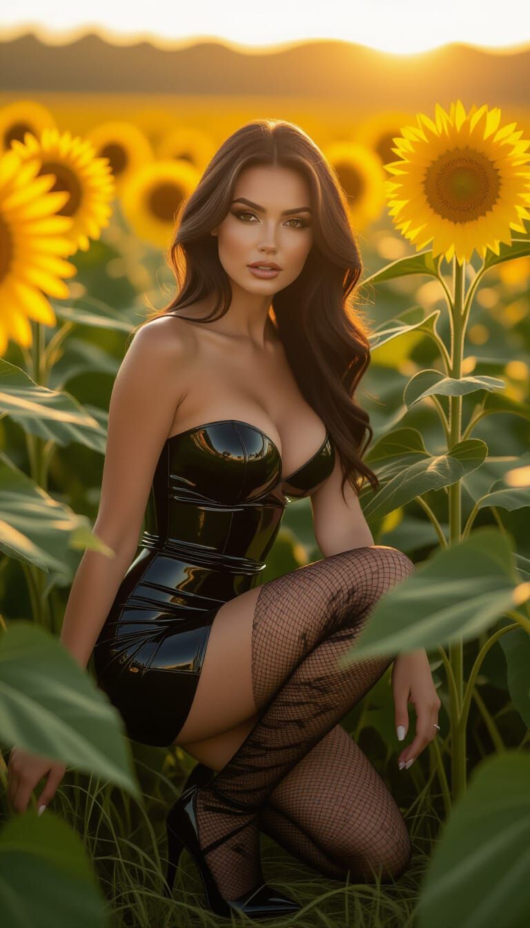 Woman in Latex Dress in Sunflower Field, Editorial Style