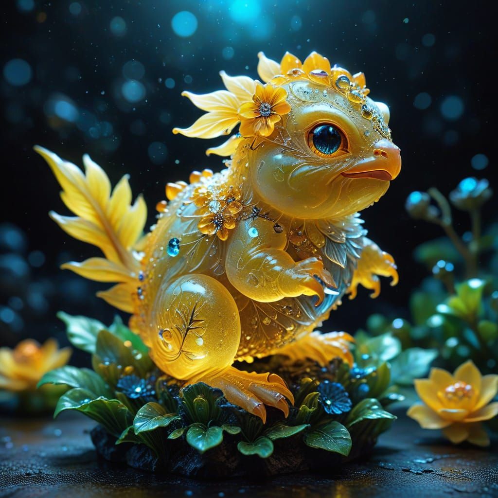 Crystallized Amber Chick on Flower in Fantasy Artwork