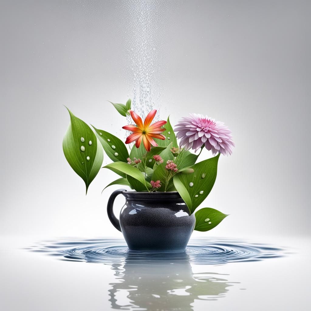 Flower Pot with Water Drops on White