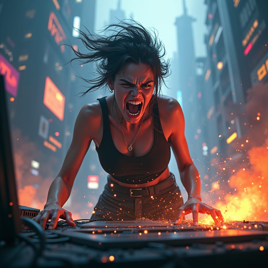 Cyberpunk Woman Screams at Exploding Computer