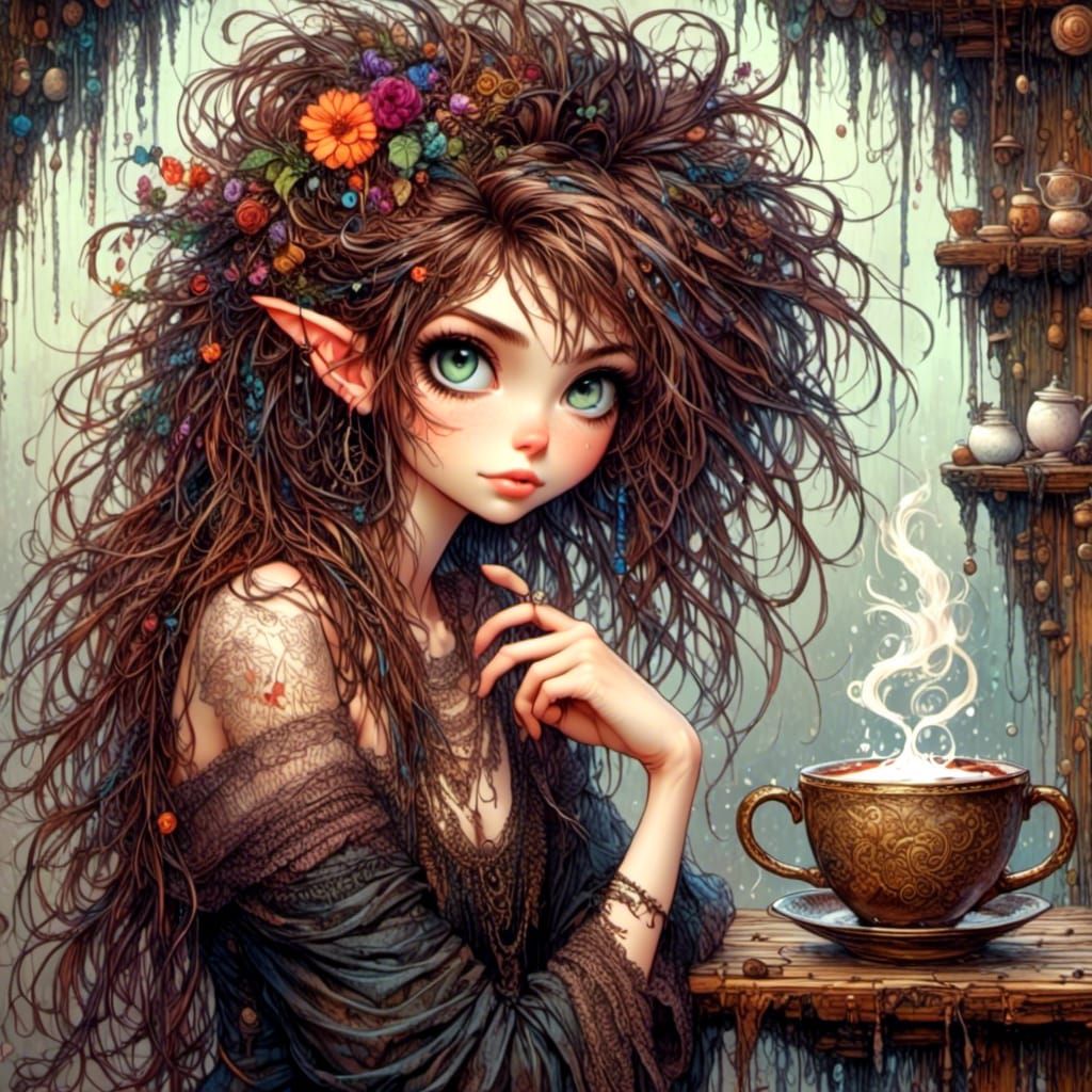 Woman Bathes in Giant Coffee Cup, Sketch Style