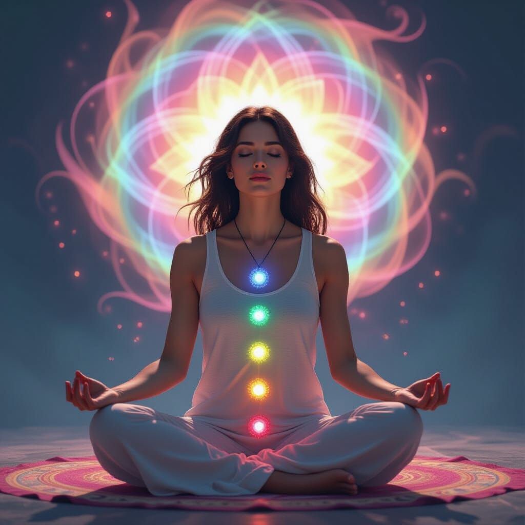 Meditating Woman Experiencing Chakra Opening, Ethereal Digit...