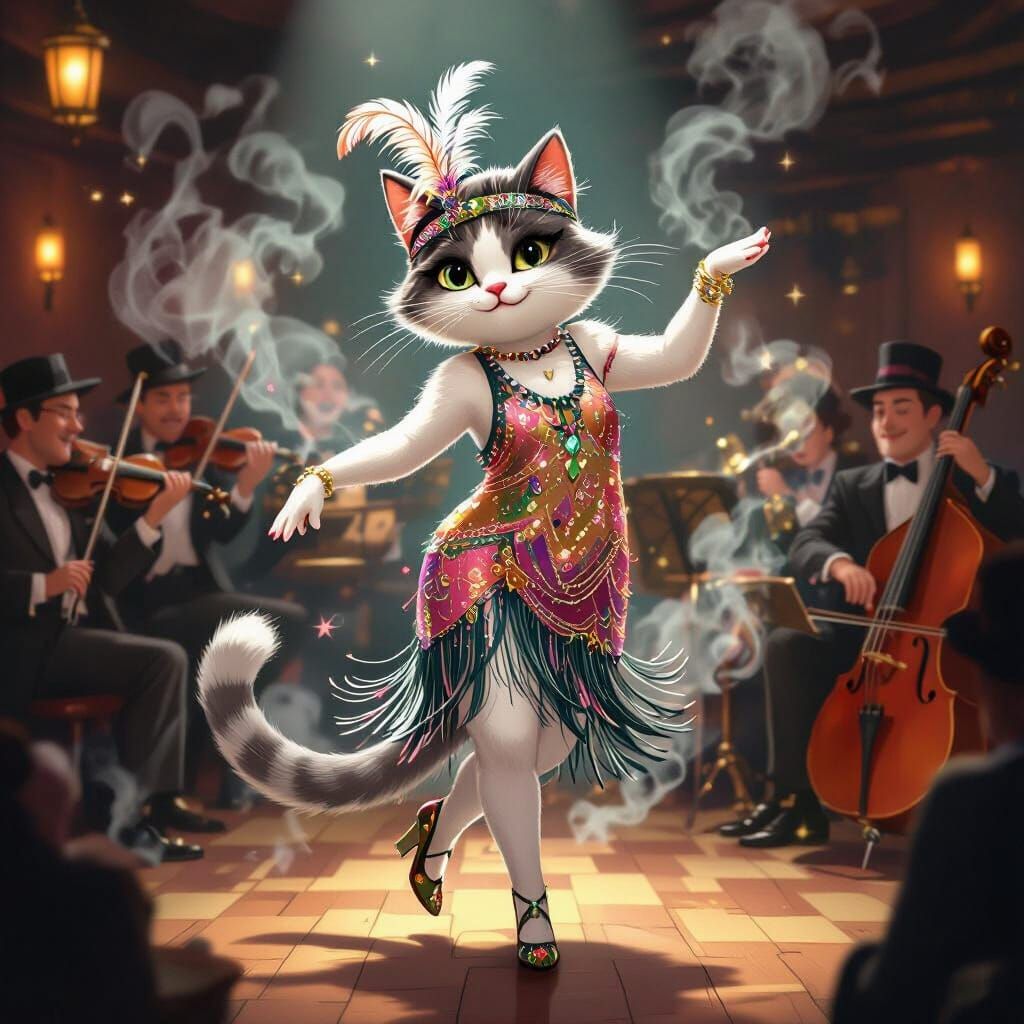 Flapper Cat Dances Charleston in a Ghibli-esque Speakeasy