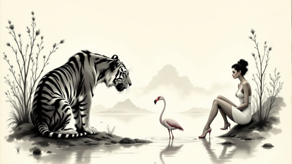 Traditional Japanese Ink Brush Art of Tiger, Bird, and Girl ...