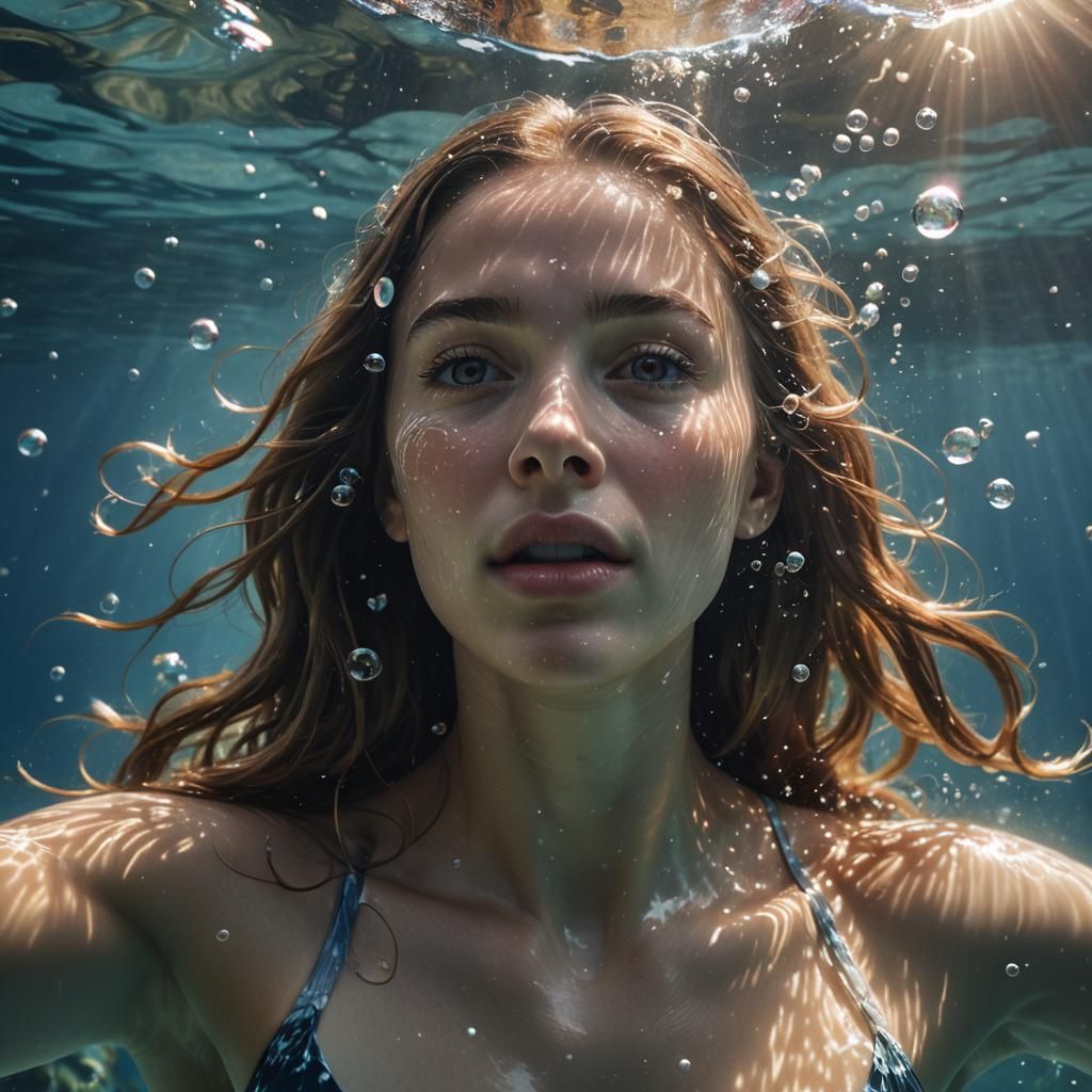 A gigantic, beautiful painting of a woman under water holdin...