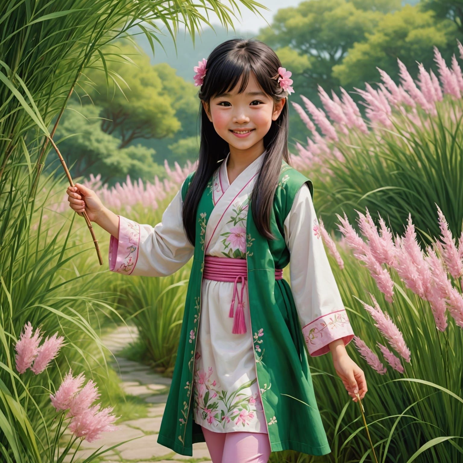 Smiling Asian Girl in Pink Maiden Silvergrass Field
