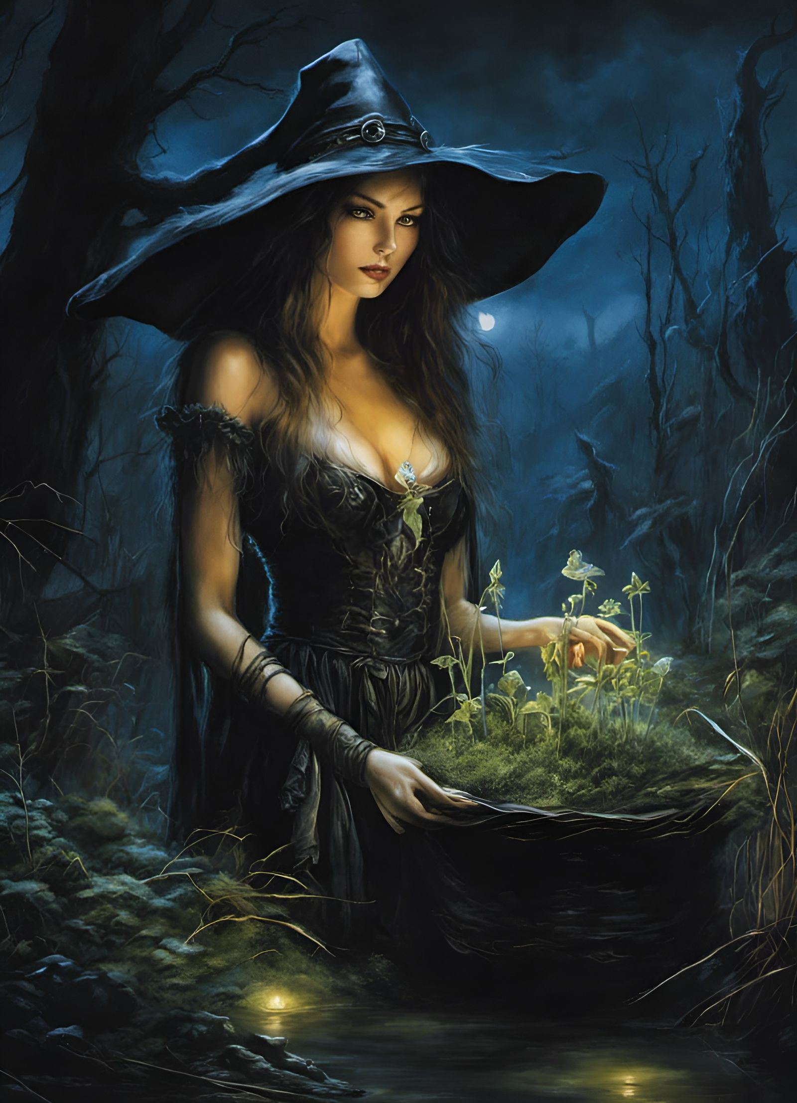 Witch Gathering Herbs in Dark Fantasy Style