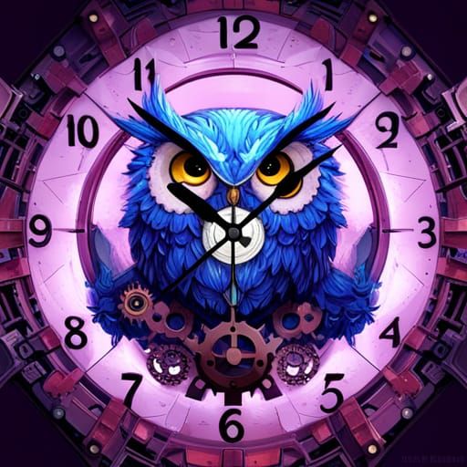 Steampunk Owl Clock with Gears in Forest