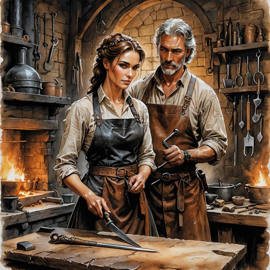 Blacksmith Apprentice in Colonial Forge, Watercolor Sketch