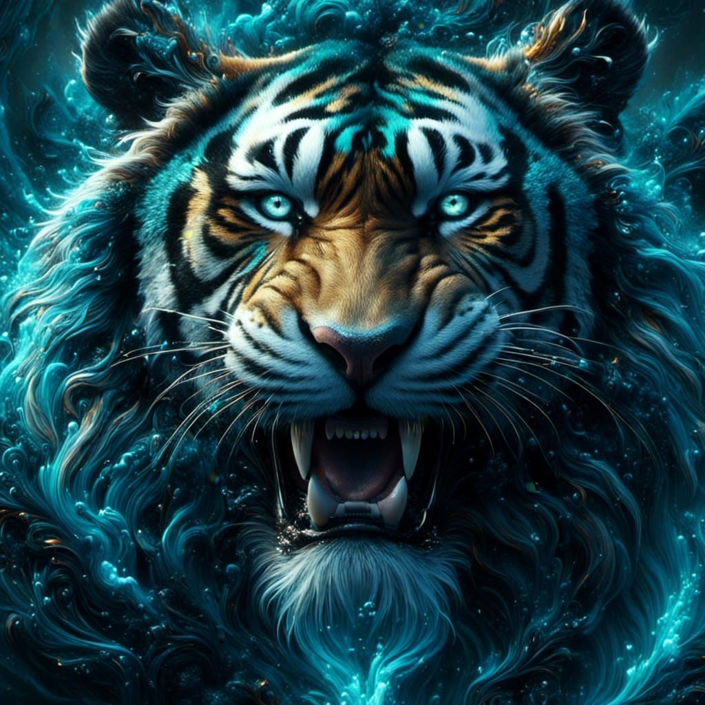 Viking with Giant Teal Tiger: Hyperrealistic Art