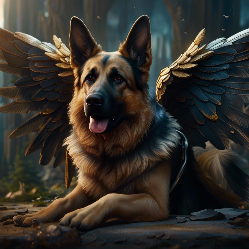 Winged German Shepherd: Detailed Fantasy Art