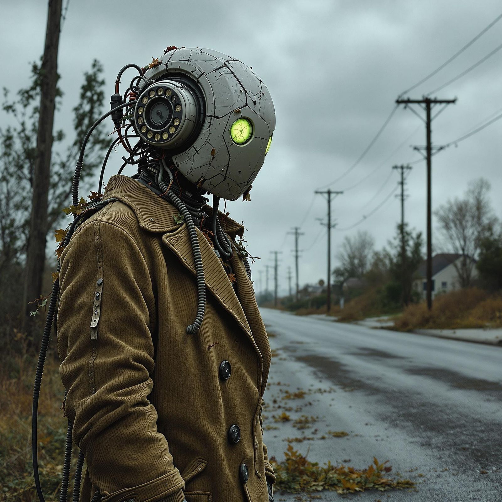 Gothic Android with Telephone Head in Retropunk Style