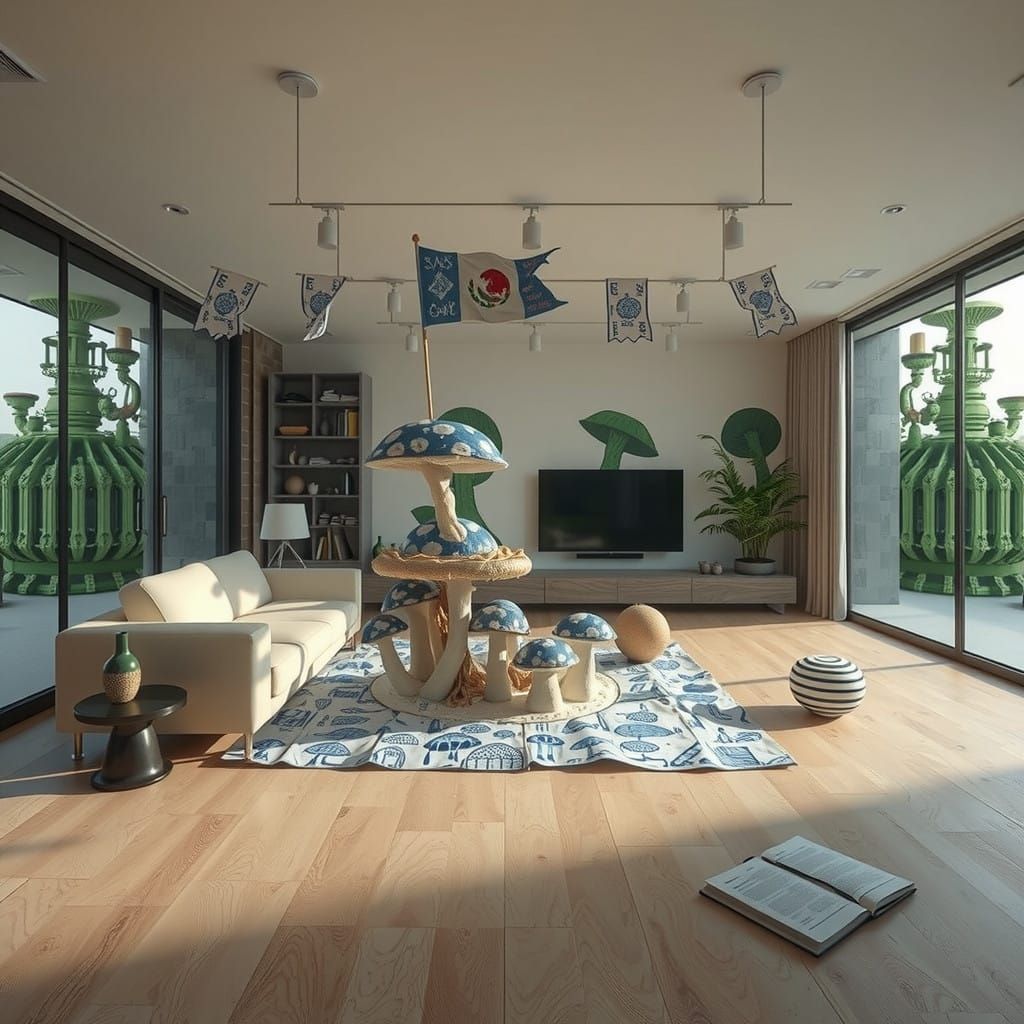 Whimsical Mushroom Sculpture in Hyperreal Bureaucratic Lands...