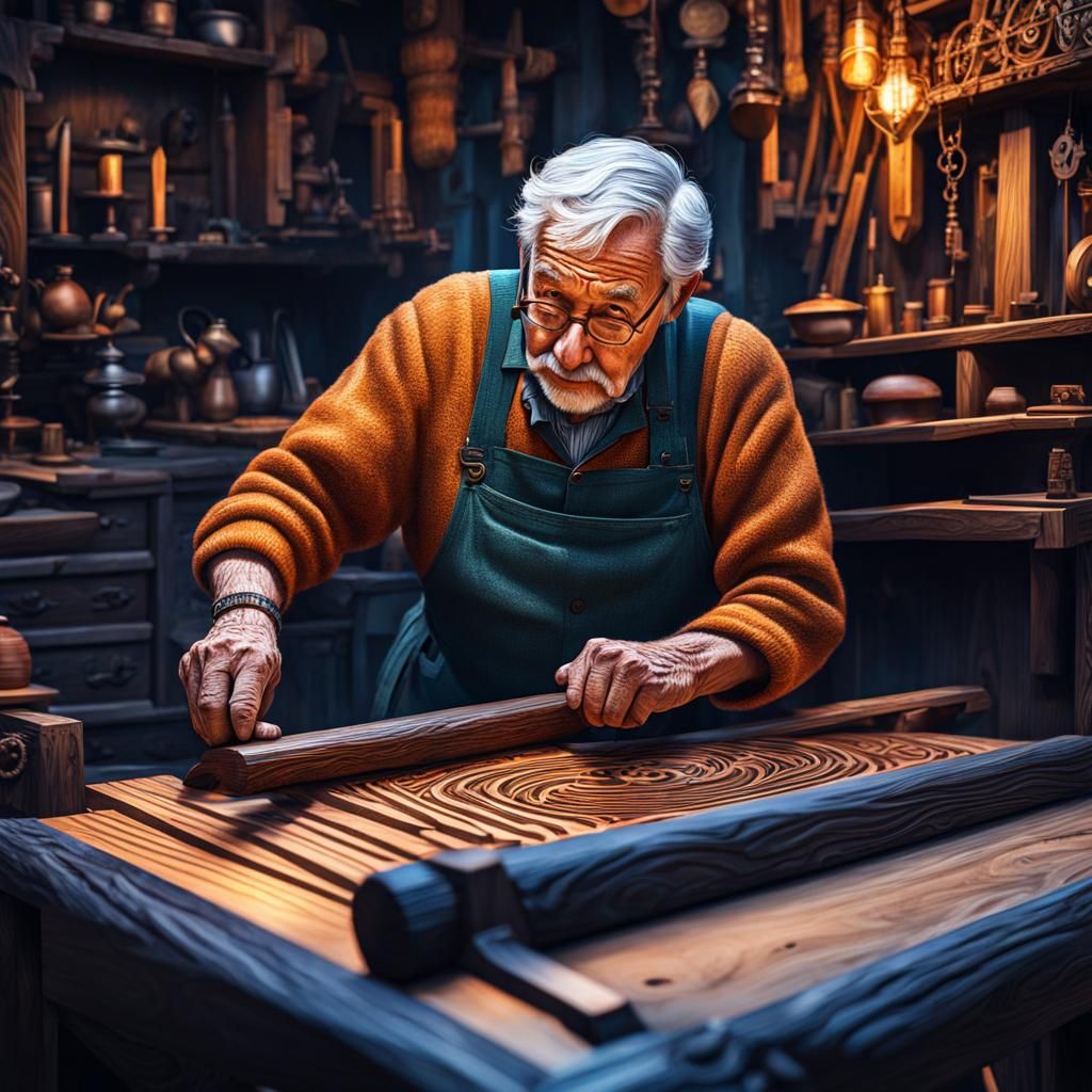 Elderly Craftsman at Work: Detailed 8K Fantasy Art