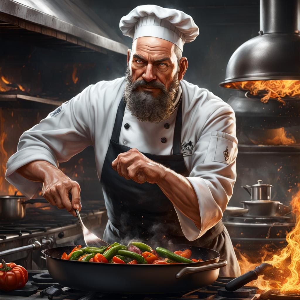 Fiery Chef Portrait in Hyperrealistic Style