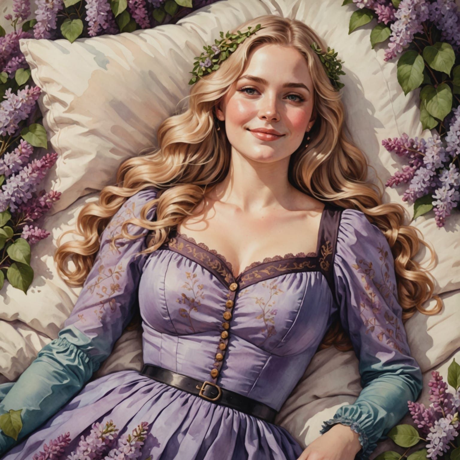 Watercolor Woman in Lilac Dress on Flower Bed