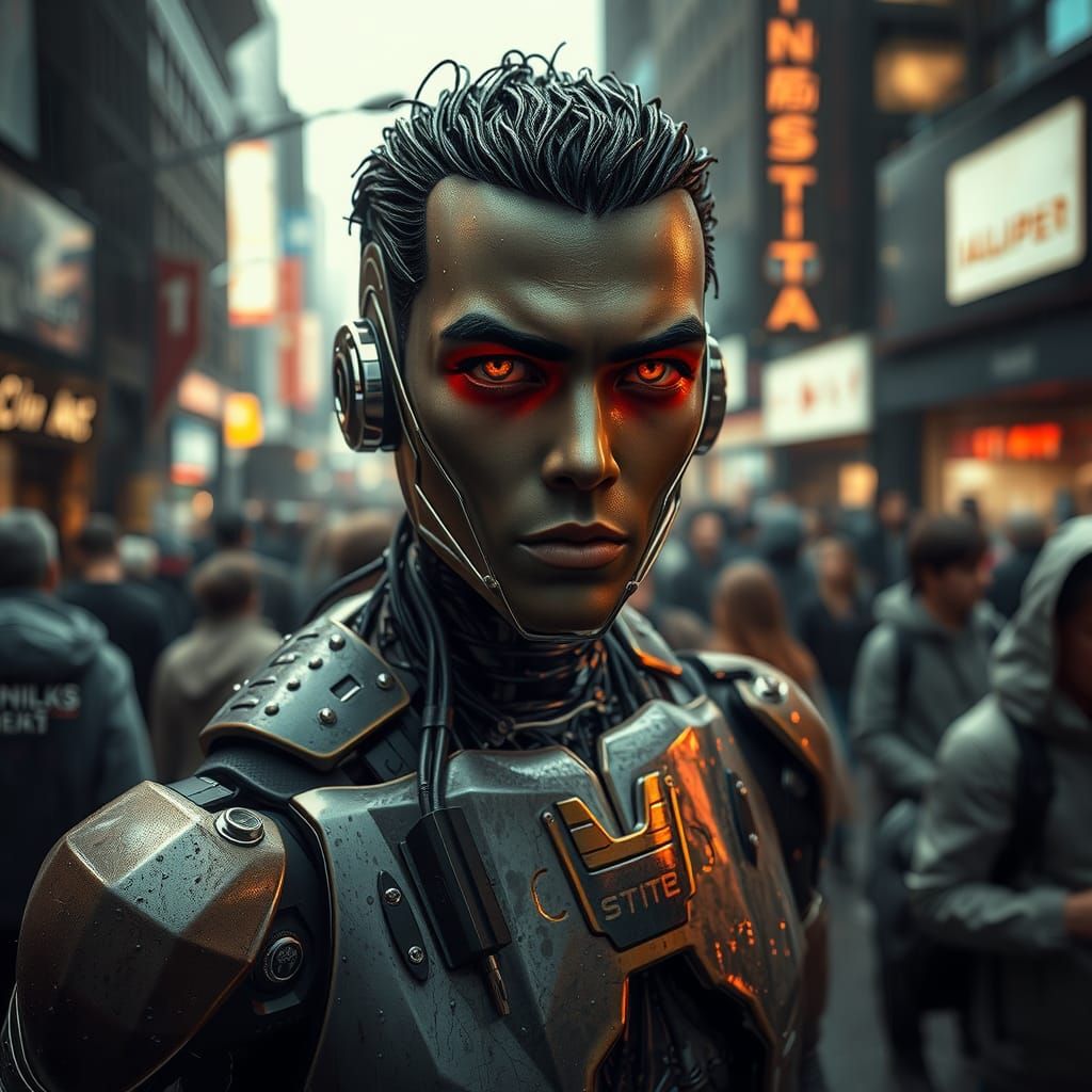 Lifelike Android in Rainy Cityscape, Cinematic Photo