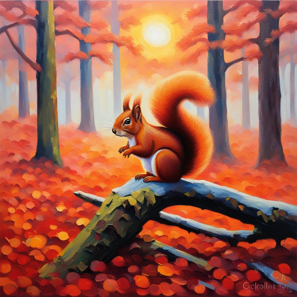 Red Squirrel at Sunrise: Neo-Impressionist Oil Painting
