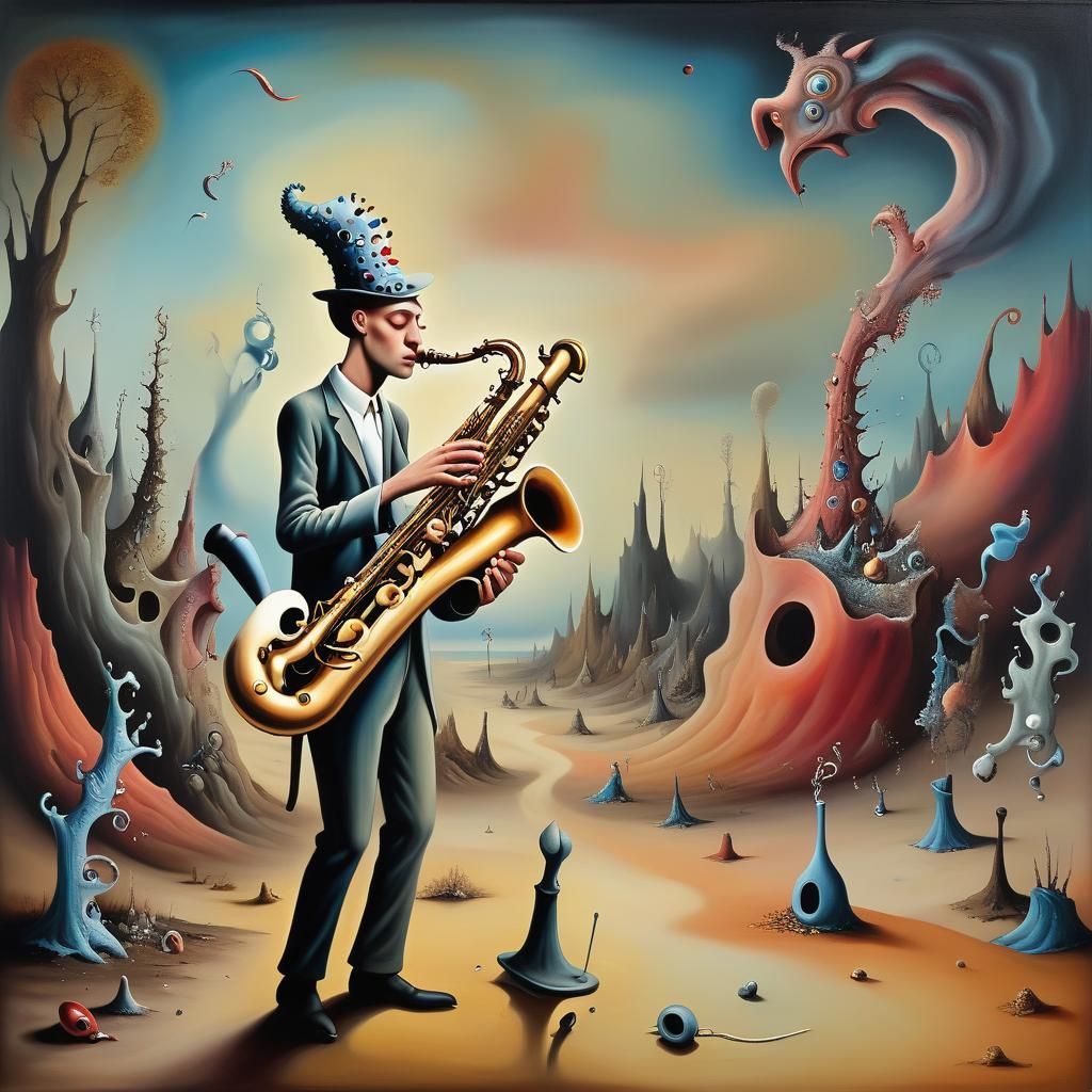 Saxophone Joe's Mystical Dream: A Surrealist Oil Painting