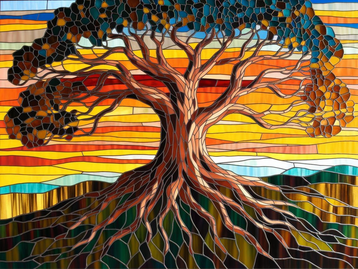 Stained Glass Art of a Majestic Tree at Sunset