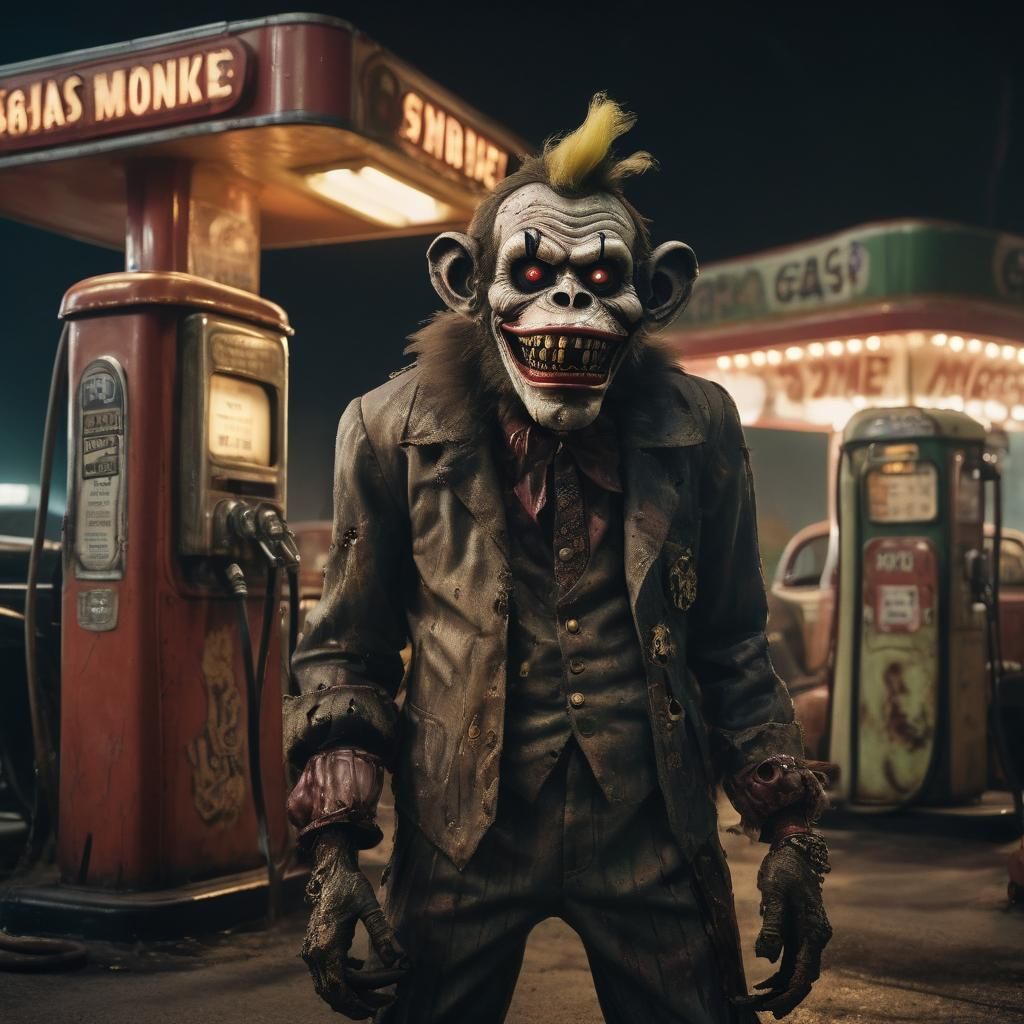 Steampunk Zombie Monkey Clown at Vintage Gas Station