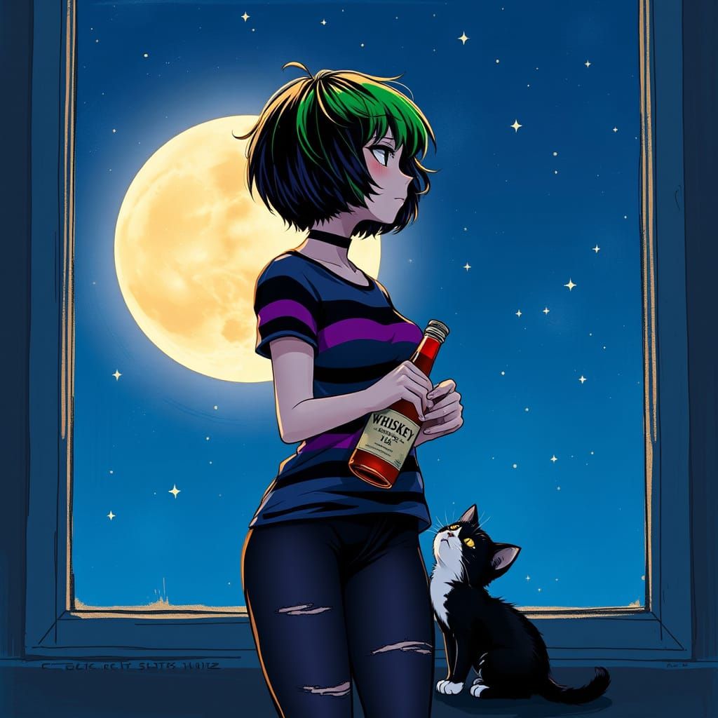 Starry Night Emo Girl in Anime Style