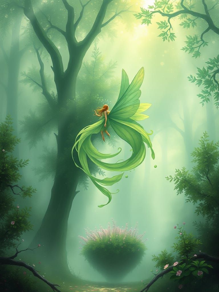 Ethereal Green Fairy in Misty Fantasy Landscape