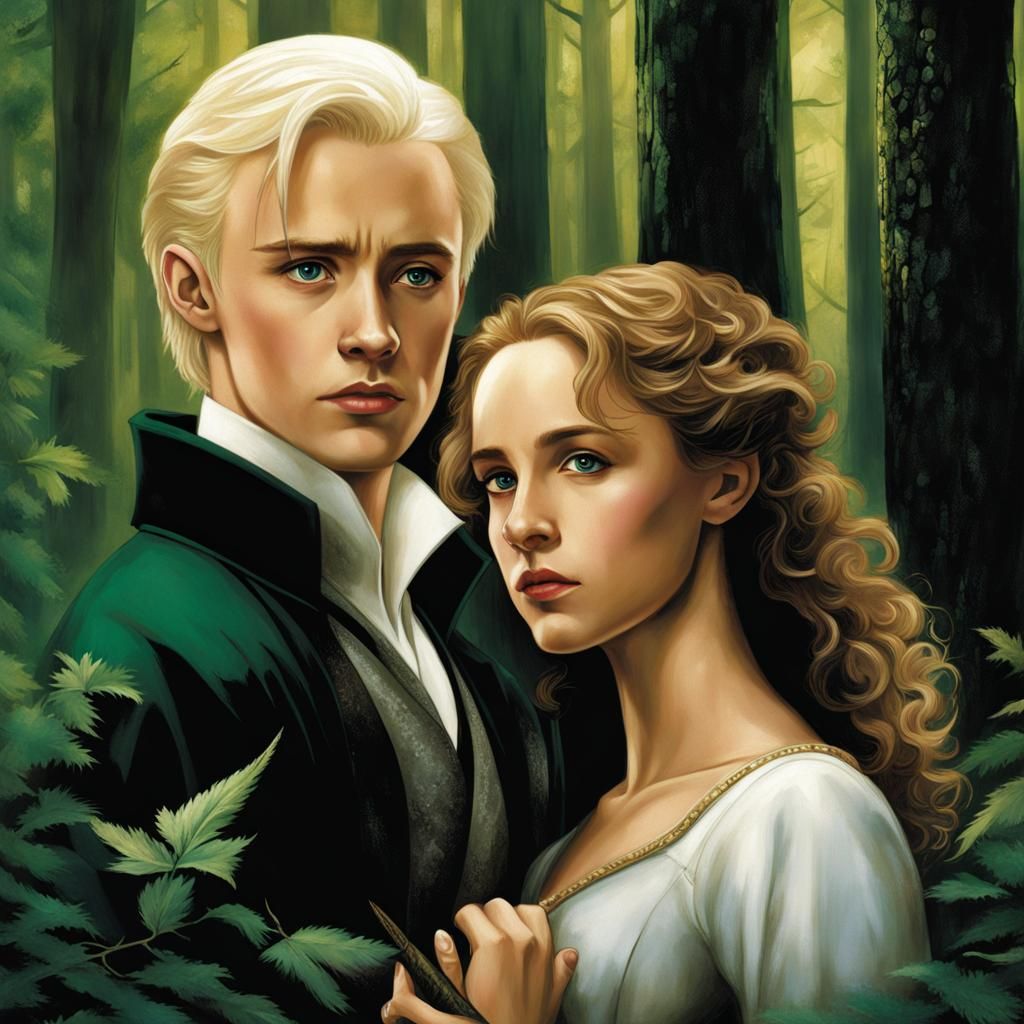 Draco and Hermione Book Cover in Dark Fantasy Style