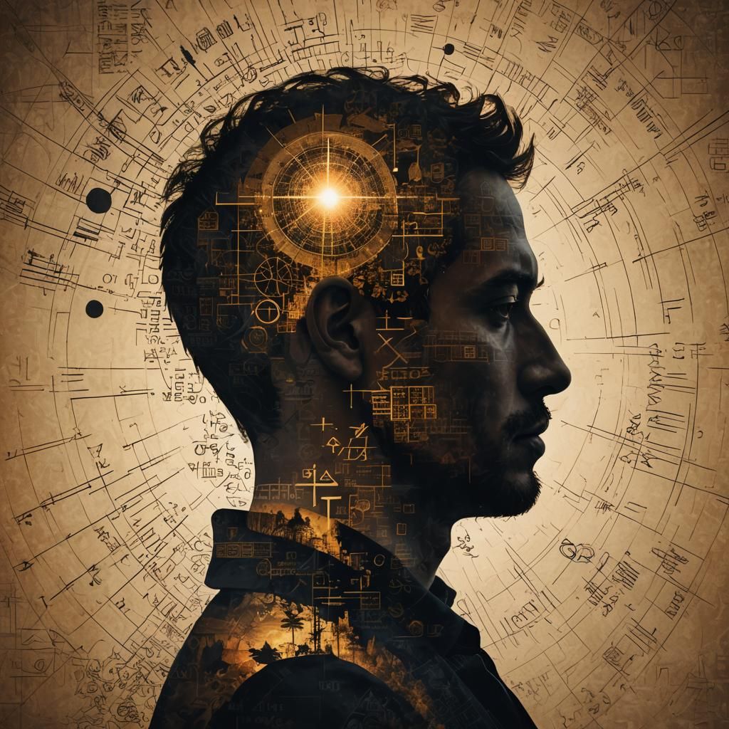 Man's Mind: Double Exposure Silhouette with Math Symbols